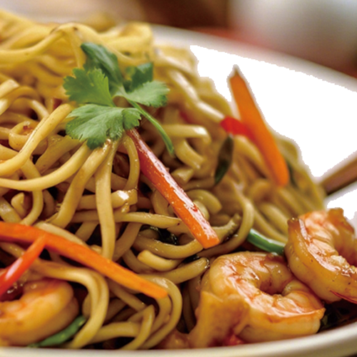 Spaghetti cinesi di grano saltati con frutti di mare